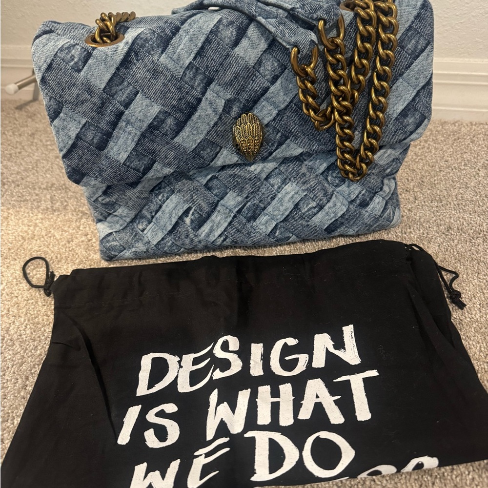 Kurt Geiger Blue Woven Denim-Effect Shoulder Bag with Brass Chain